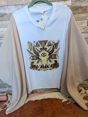 New Handcrafted Boho Southwestern Bull W Tan Striped Bat Winged Sleeves
